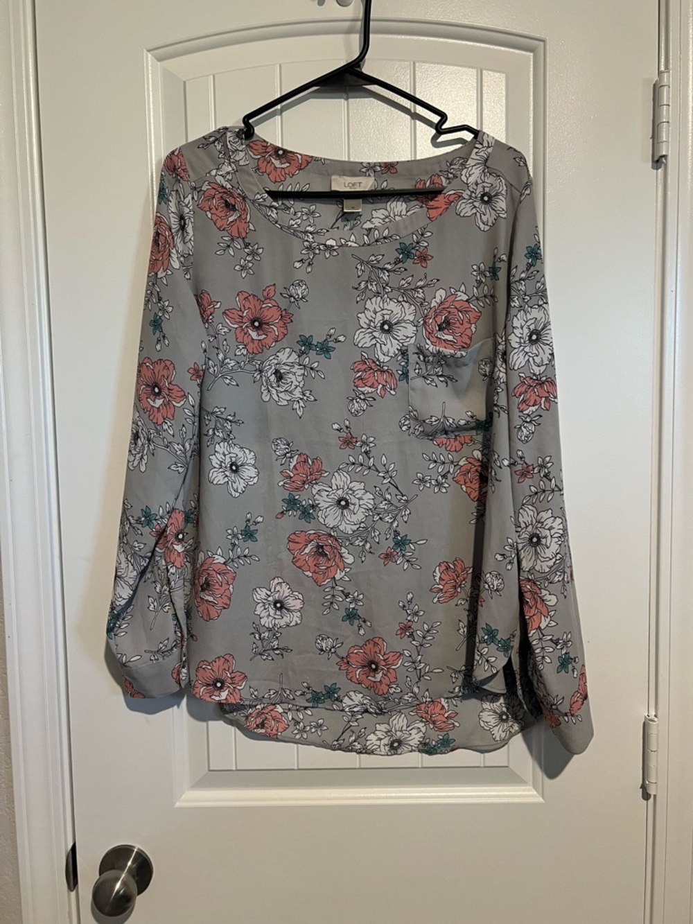 LOFT Gray Floral Blouse with Coral and Teal Accents